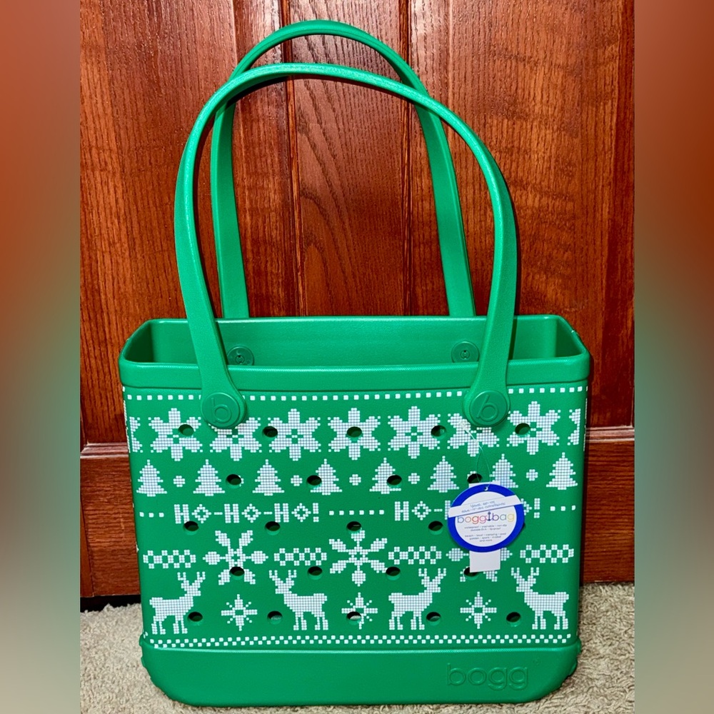 Brand New Baby Bogg Bag Green Ugly Sweater Tote with White Pattern